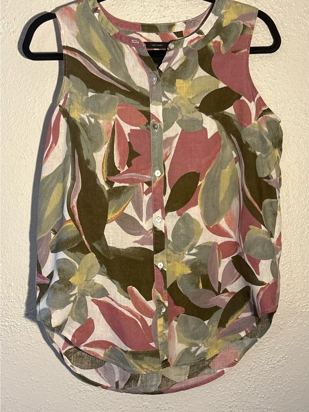 Tahari Womens Sleeveless Button-Down Floral Print Top 100% Linen Size S